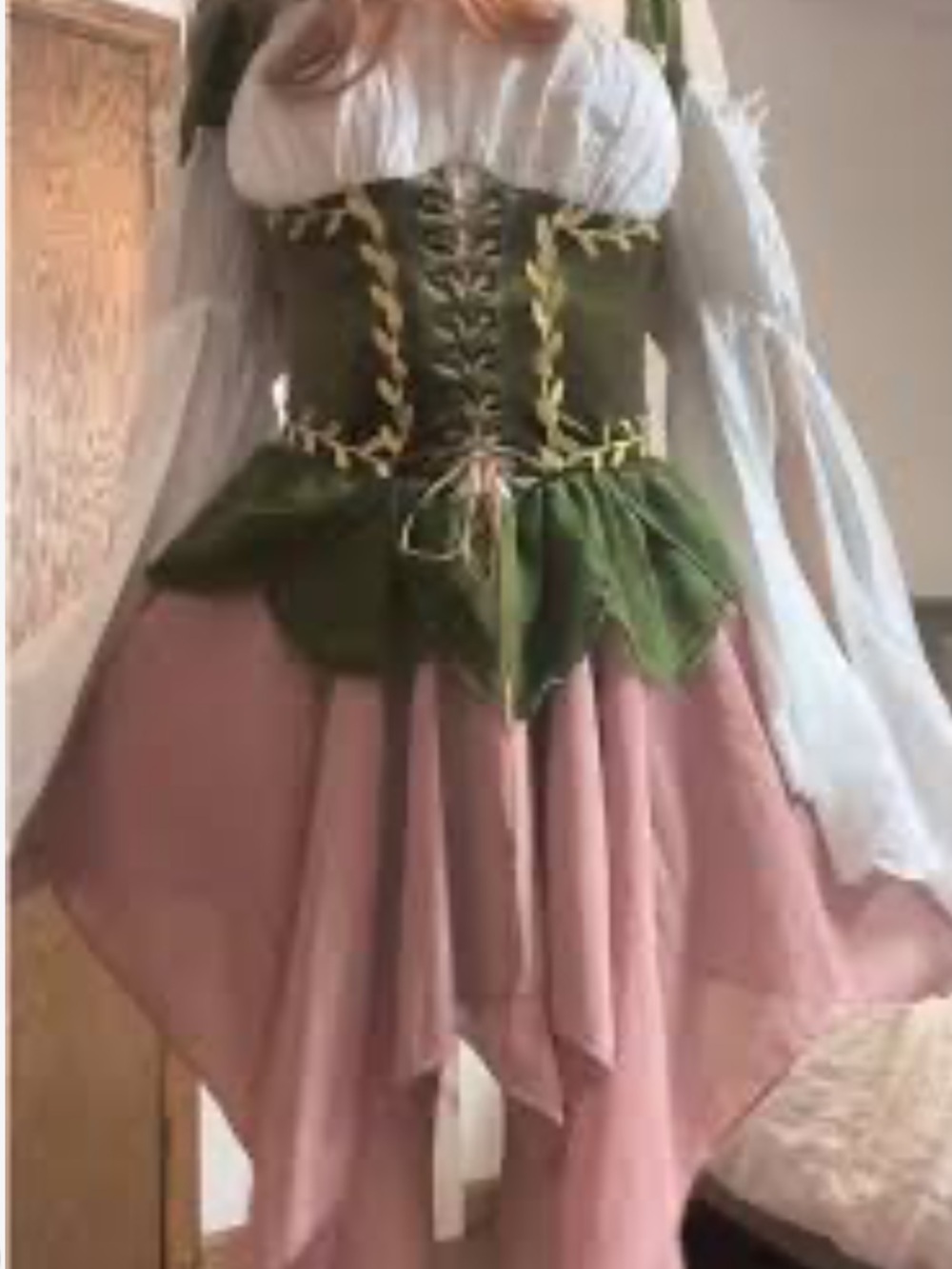Dolls Kill Olive Green Corset with Dusty Pink Handkerchief Skirt